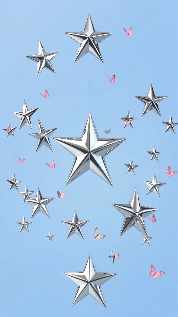 Mirror polished silver 3D stars and tiny pink butterflies float on a soft powder blue gradient background