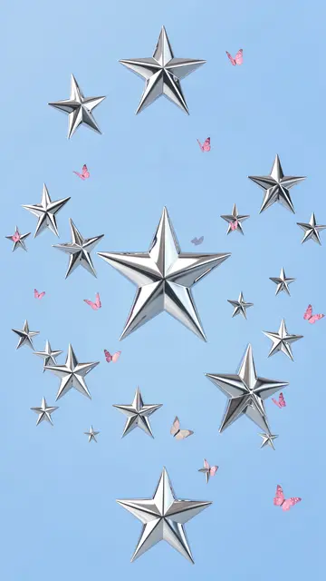 Mirror polished silver 3D stars and tiny pink butterflies float on a soft powder blue gradient background
