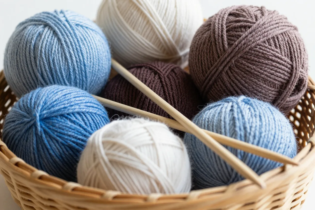Wicker basket filled with multicolor yarn balls and crossed wooden knitting needles on a light background