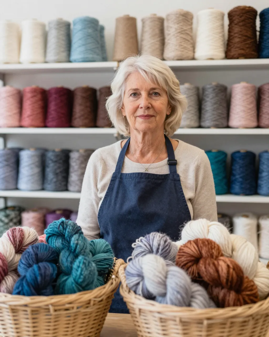 Senior female yarn shop owner stands behind wicker baskets of hand-dyed wool, with shelved yarn spools behind her.