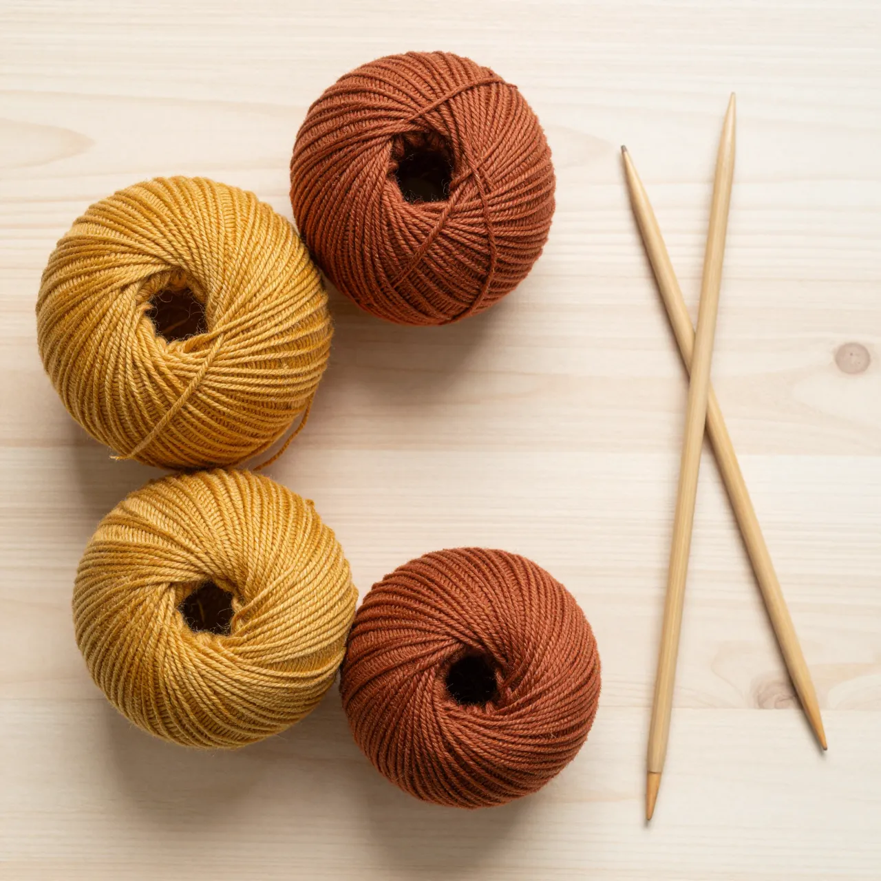 Flat lay of mustard and rust yarn balls with bamboo knitting needles on light wood