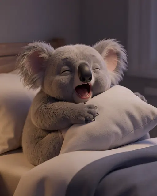 Soft 3D chubby koala hugs a pillow and yawns in warm night light on a bed
