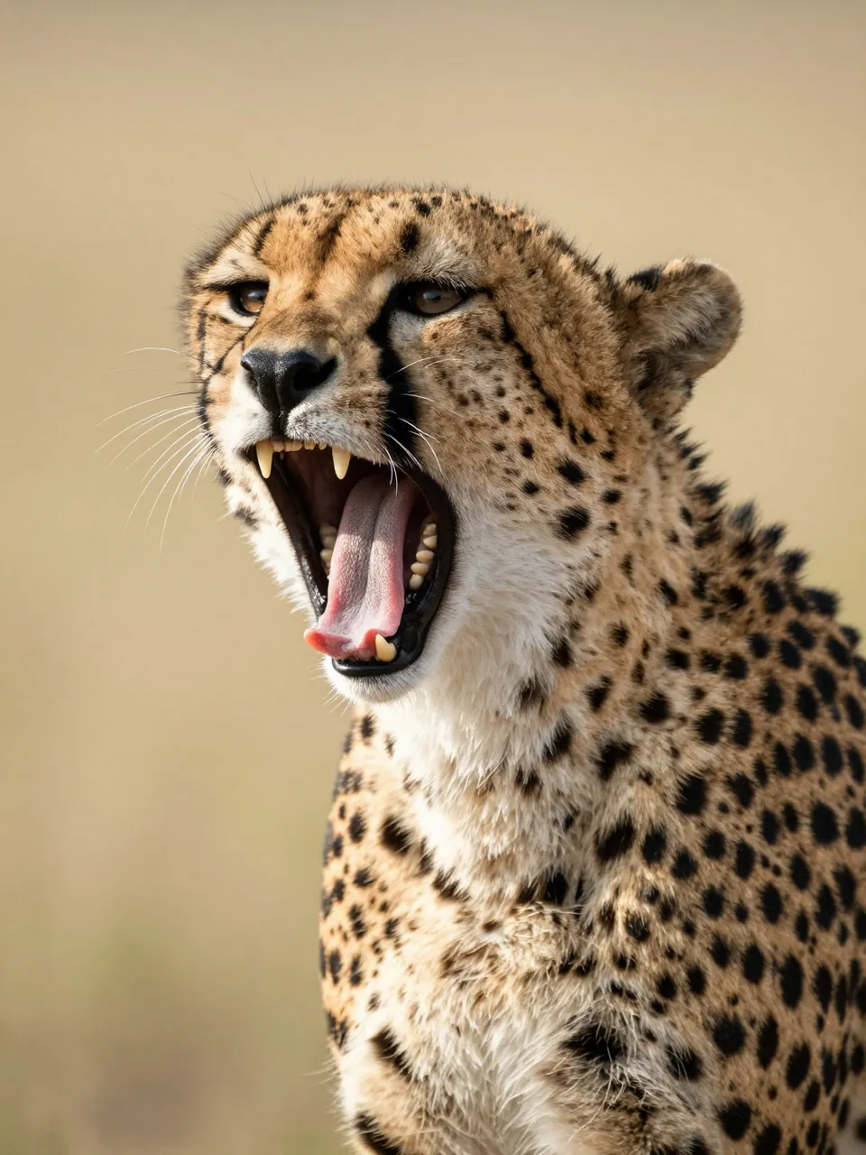 A close-up of a cheetah yawning widely against a soft blurred savanna background