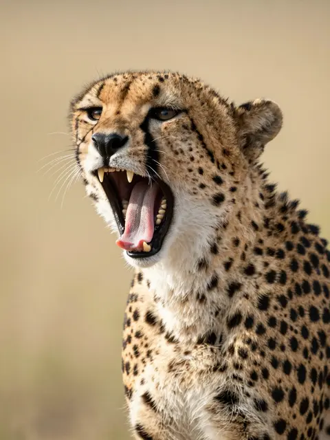 A close-up of a cheetah yawning widely against a soft blurred savanna background