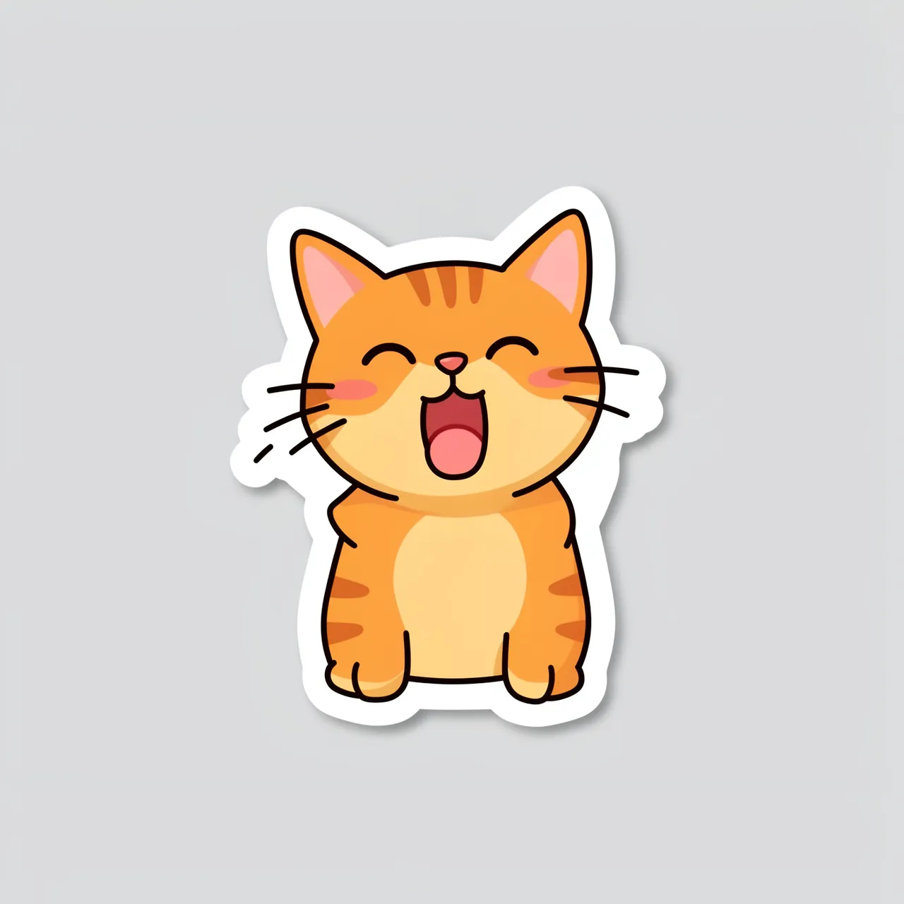Cute die-cut sticker of a yawning ginger tabby cat resting on a plain light gray background