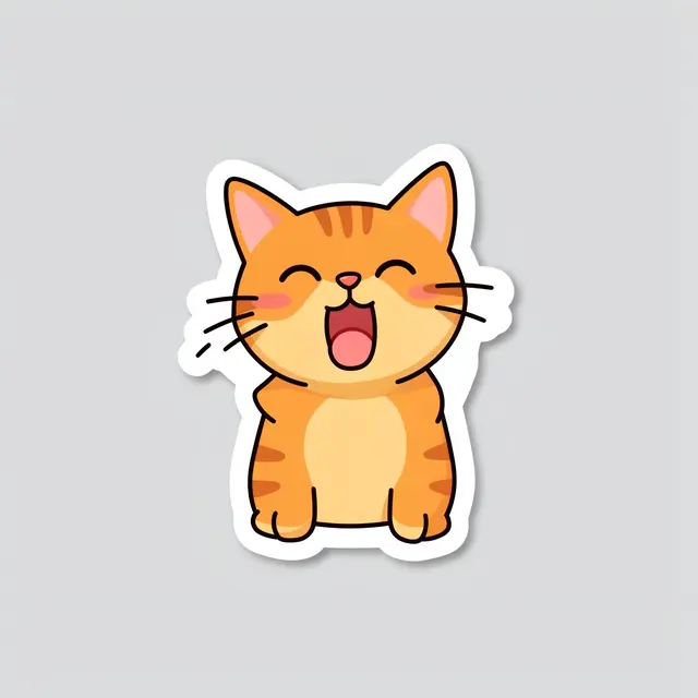 Cute die-cut sticker of a yawning ginger tabby cat resting on a plain light gray background