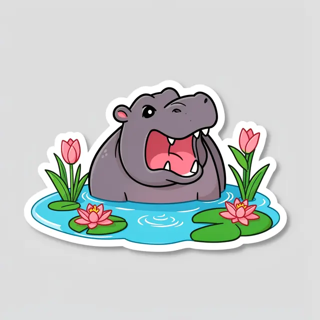 Die-cut sticker illustration of a yawning cartoon hippo in a lily pond on a light gray background