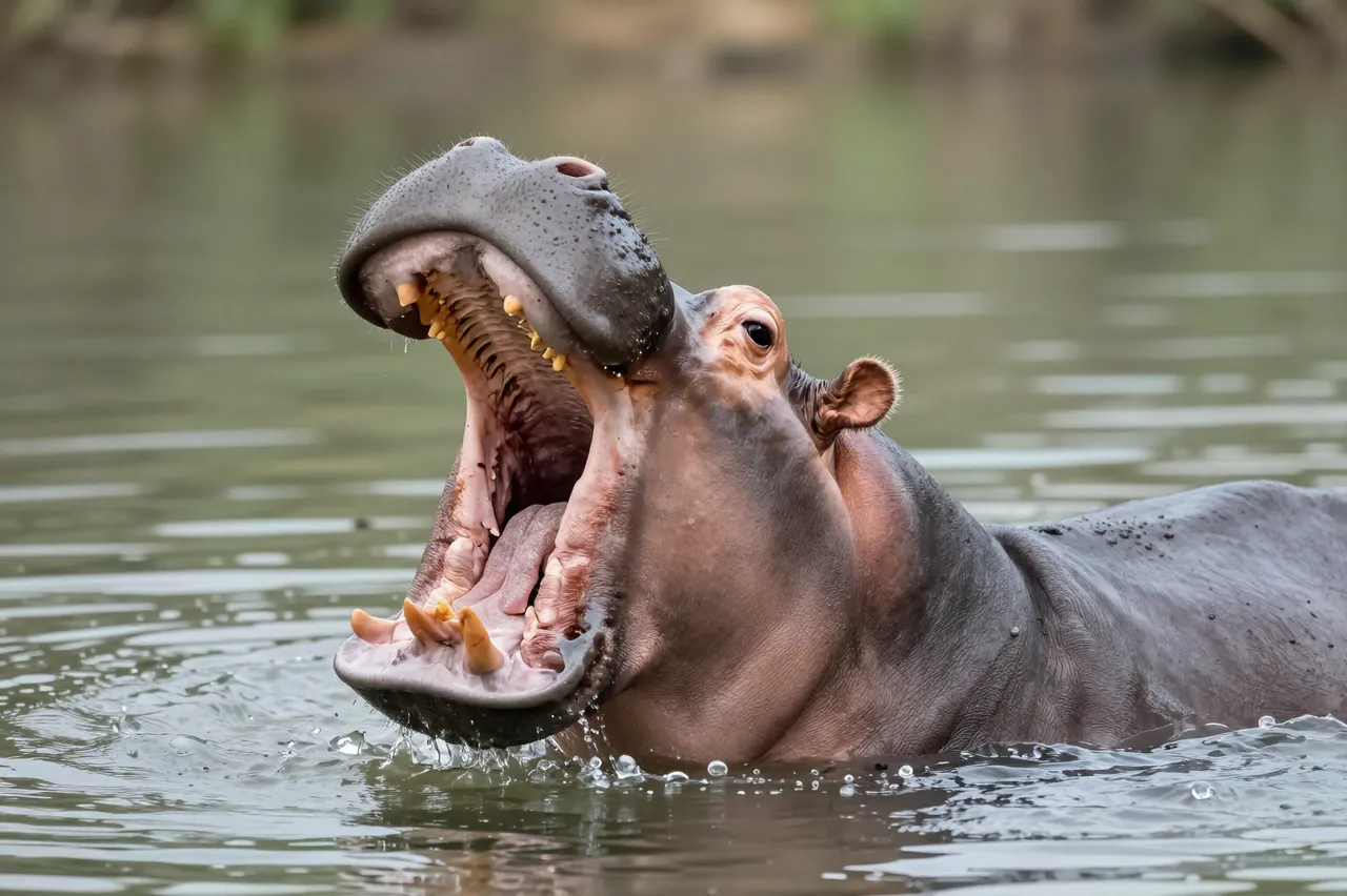 A hippopotamus with its mouth wide open yawns while partially submerged in calm river water