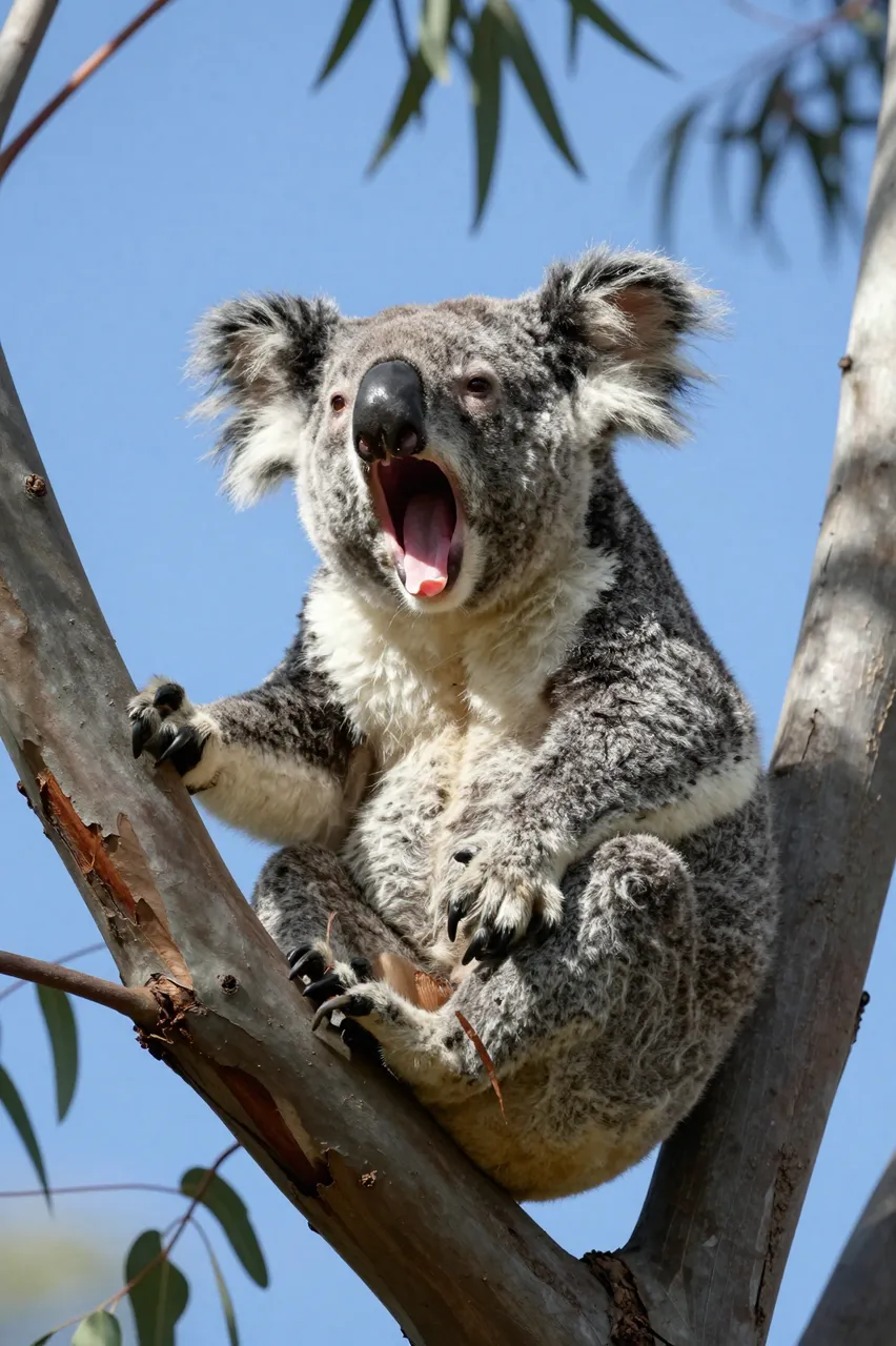 A koala sits in a eucalyptus tree with its mouth open in a yawn against clear blue sky