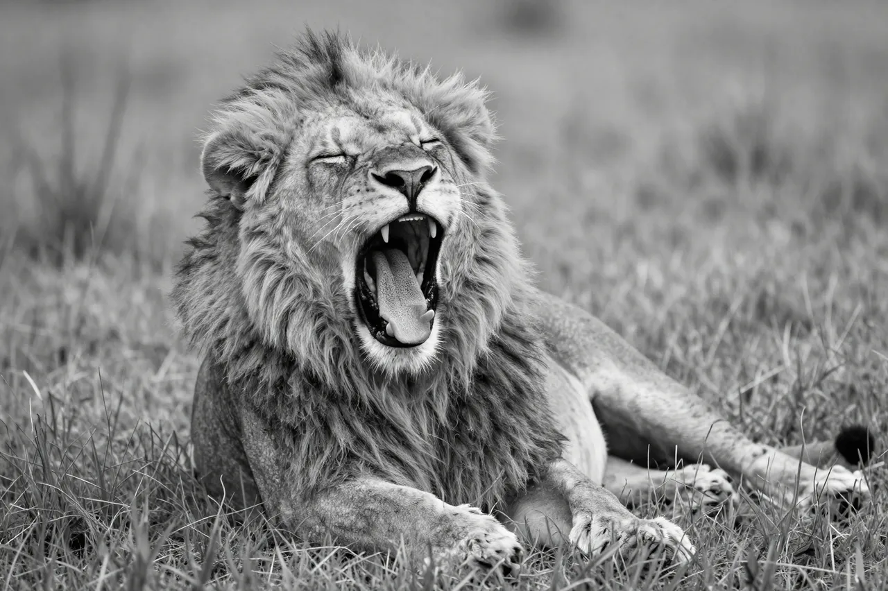 A monochrome male lion lies in savanna grass yawning with its eyes closed.