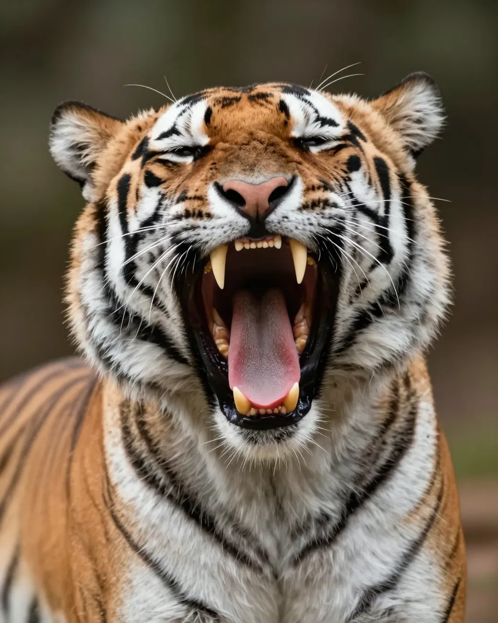 Close up portrait of a tiger yawning widely with closed eyes and prominent long fangs