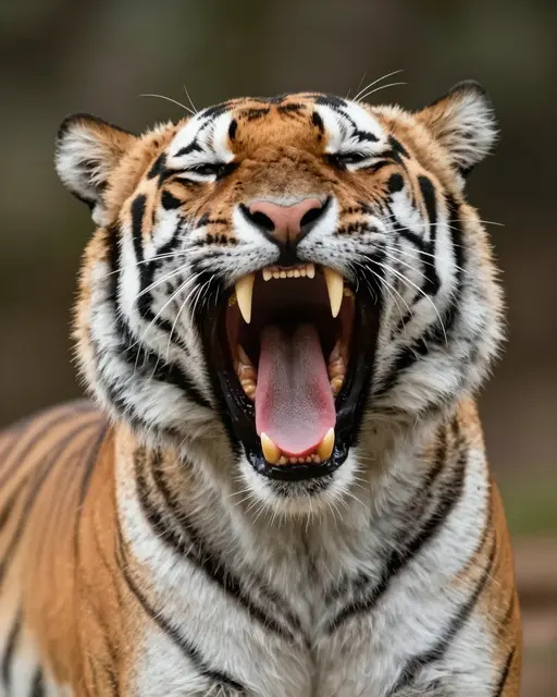 Close up portrait of a tiger yawning widely with closed eyes and prominent long fangs