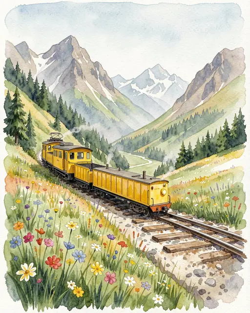 Watercolor painting of a small yellow mountain train traveling through a wildflower-filled alpine valley