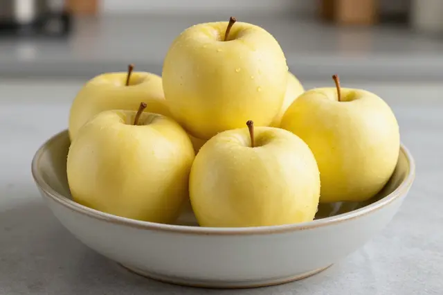 Fresh yellow apples with water droplets rest in a trimmed ceramic bowl on a light kitchen countertop.