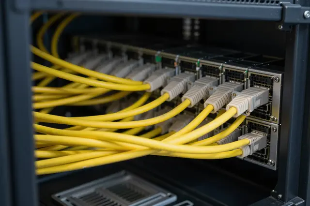Close-up of neatly routed yellow network cables plugged into server rack equipment