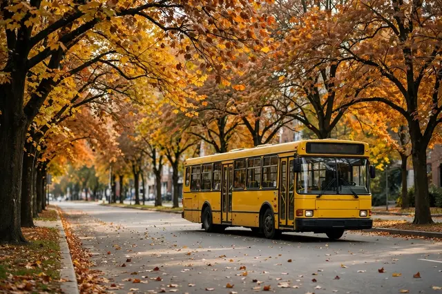 A yellow city bus travels down a tree-lined avenue covered in fall leaves on a calm autumn day