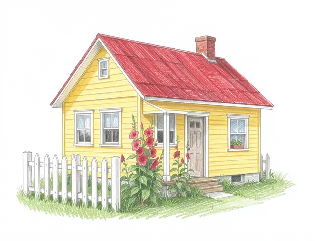 Colored pencil drawing of a yellow house with red roof, white picket fence and hollyhocks by the front door.