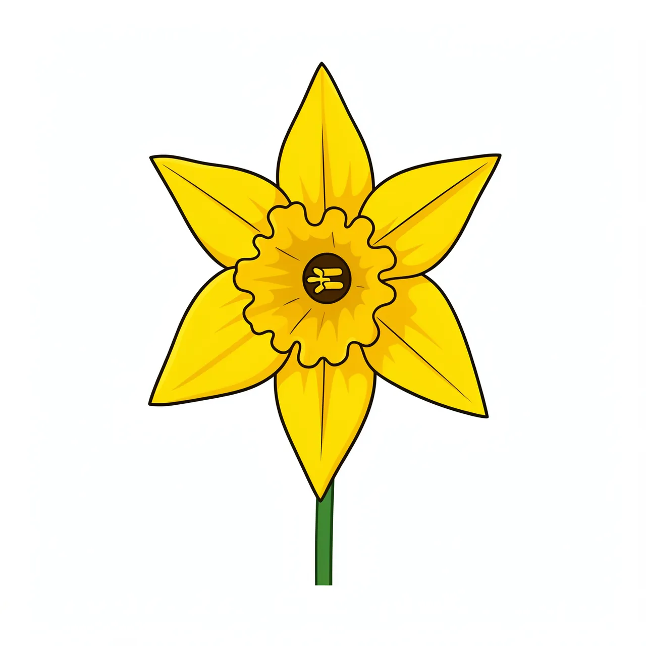 Flat illustrated yellow daffodil with ruffled corona and pointed petals isolated on a white background