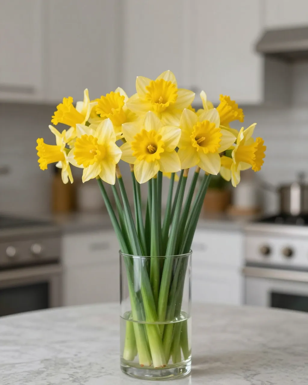 A bunch of yellow daffodils in a clear glass vase sits on a marble kitchen table in soft morning light