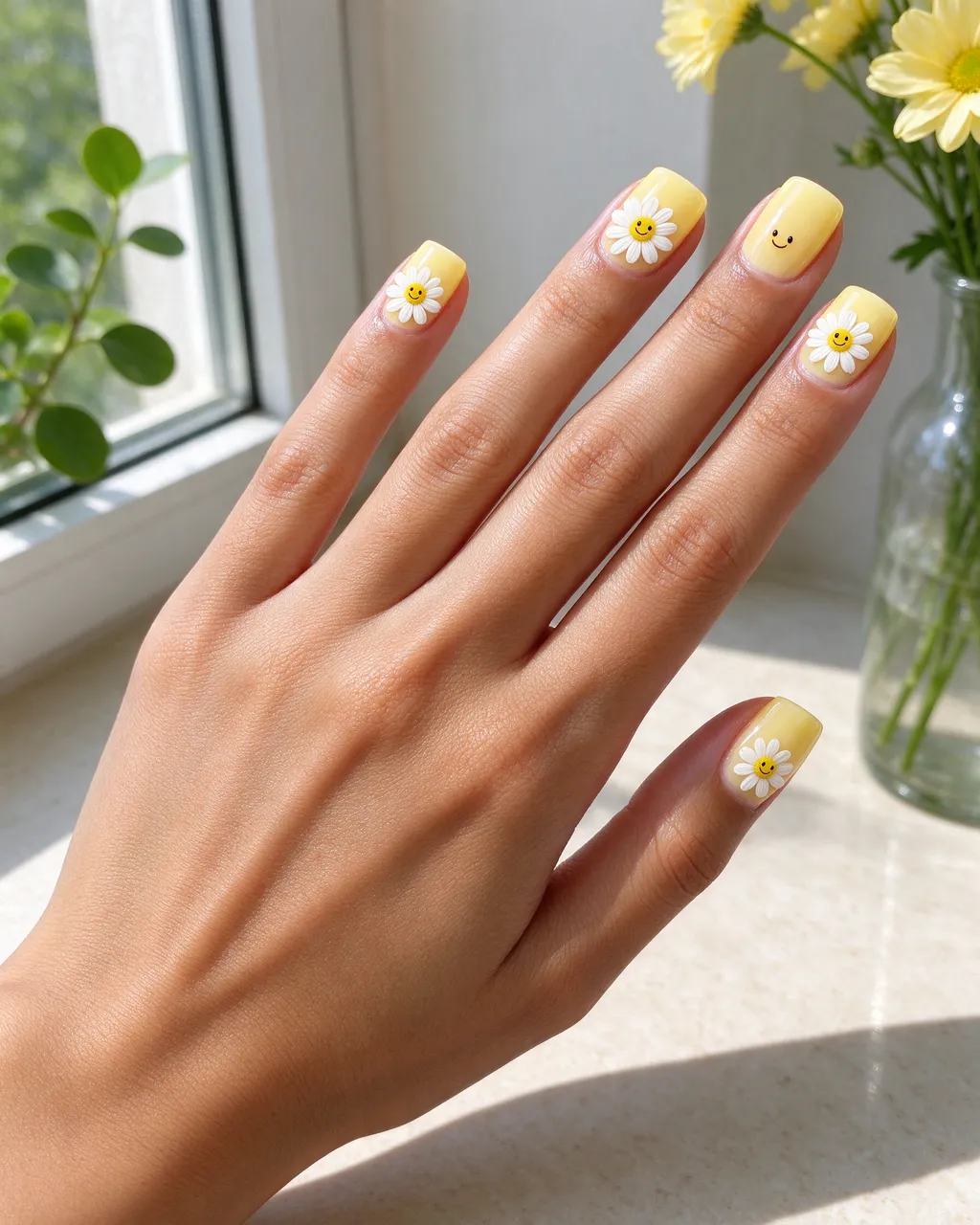 A hand with pale yellow daisy nail art rests on a sunlit windowsill next to flowers in a glass vase.