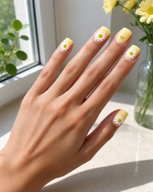 A hand with pale yellow daisy nail art rests on a sunlit windowsill next to flowers in a glass vase.