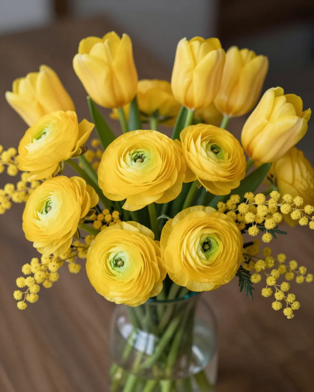 All-yellow bouquet of ranunculus, tulips and mimosa arranged in a clear glass vase on a wooden table