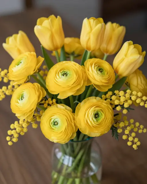 All-yellow bouquet of ranunculus, tulips and mimosa arranged in a clear glass vase on a wooden table