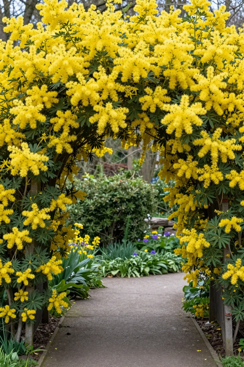 A flowering yellow laburnum arch frames a paved garden path lined with mixed spring blooms