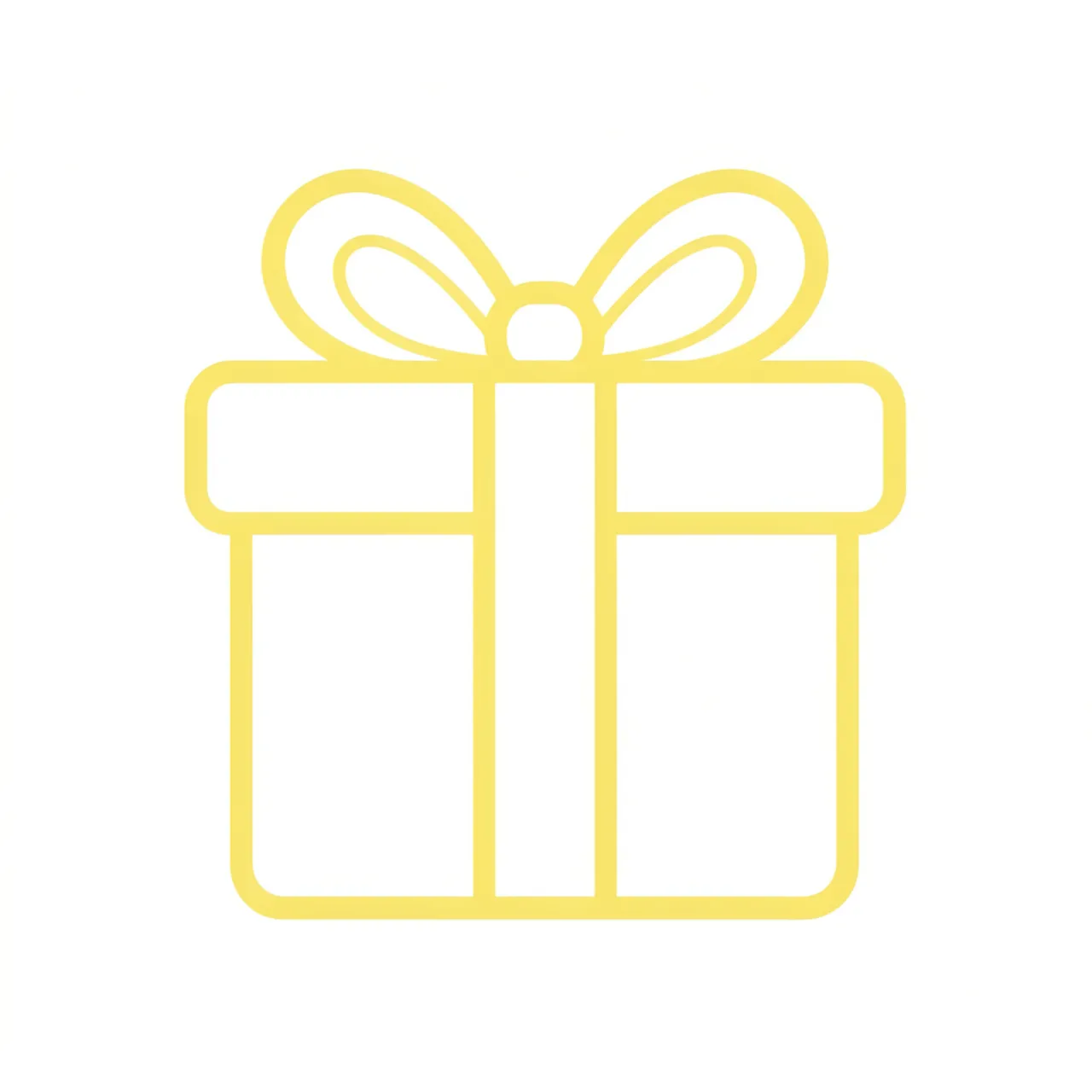 A clean yellow rounded monoline outline icon of a gift box with a bow on a plain white background