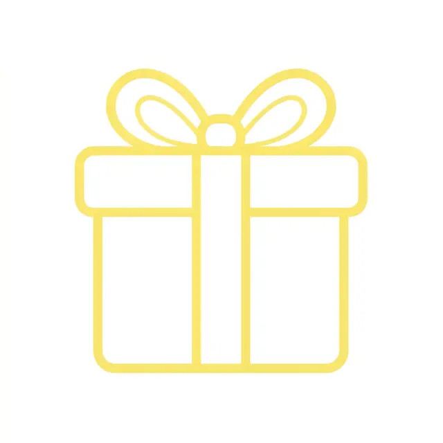 A clean yellow rounded monoline outline icon of a gift box with a bow on a plain white background