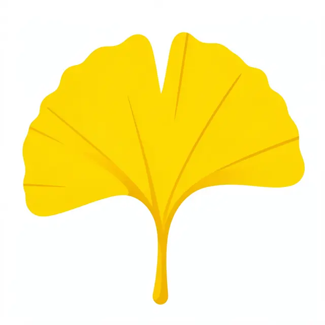 Flat illustration of a bright yellow fan-shaped ginkgo leaf isolated on a plain white background