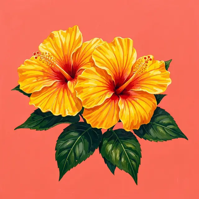 Two yellow hibiscus blooms with dark green leaves set against a solid coral background