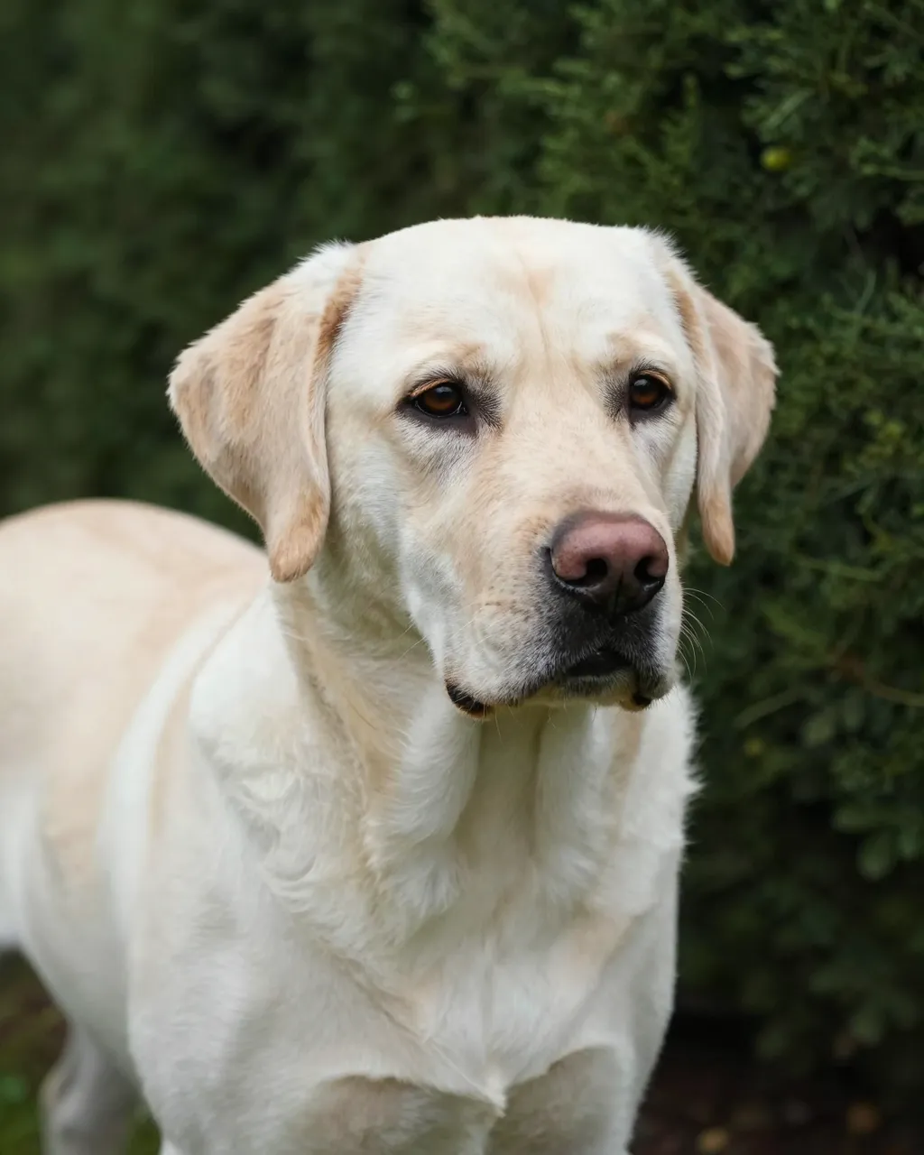 A pale yellow labrador retriever stands looking toward the camera in front of a dense dark green hedge