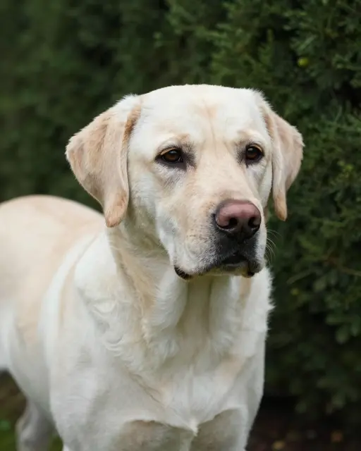 A pale yellow labrador retriever stands looking toward the camera in front of a dense dark green hedge