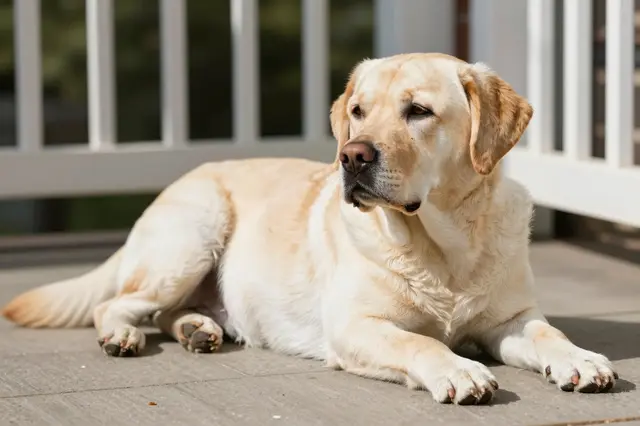 An older pale yellow labrador retriever lies relaxed on a sunlit wooden porch next to white railing