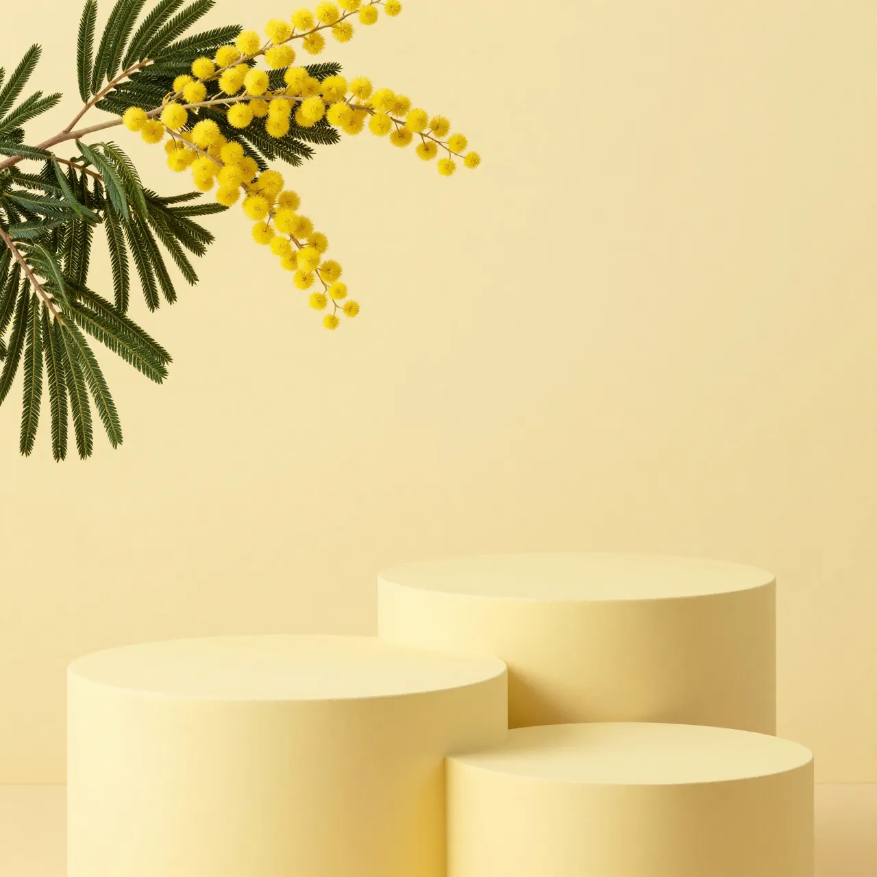 Butter yellow cylindrical display podiums sit against a pale yellow backdrop with a trailing mimosa sprig in the upper left.