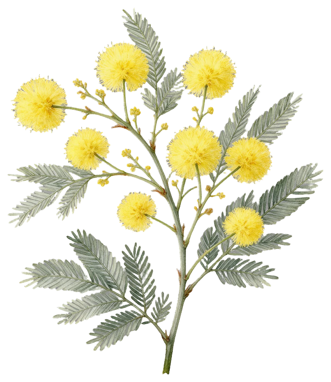 Delicate watercolor illustration of a mimosa sprig with bright round yellow blossoms and feathery grey-green leaves