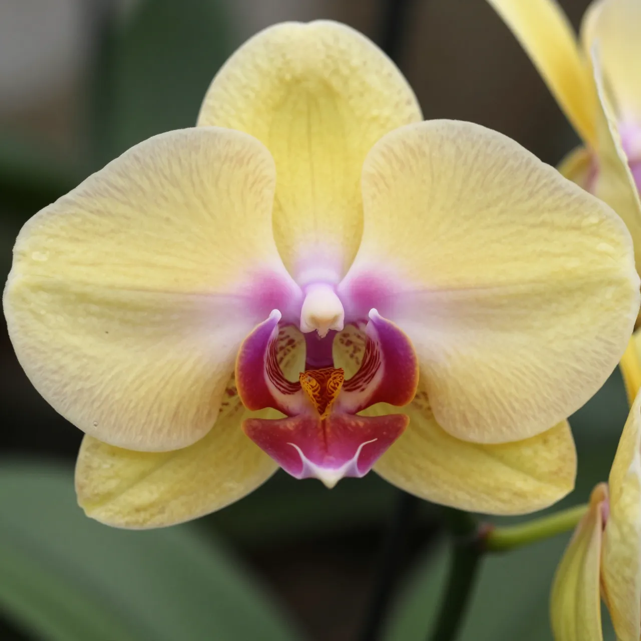 Close-up macro view of a pale yellow moth orchid with vivid pink and red central markings