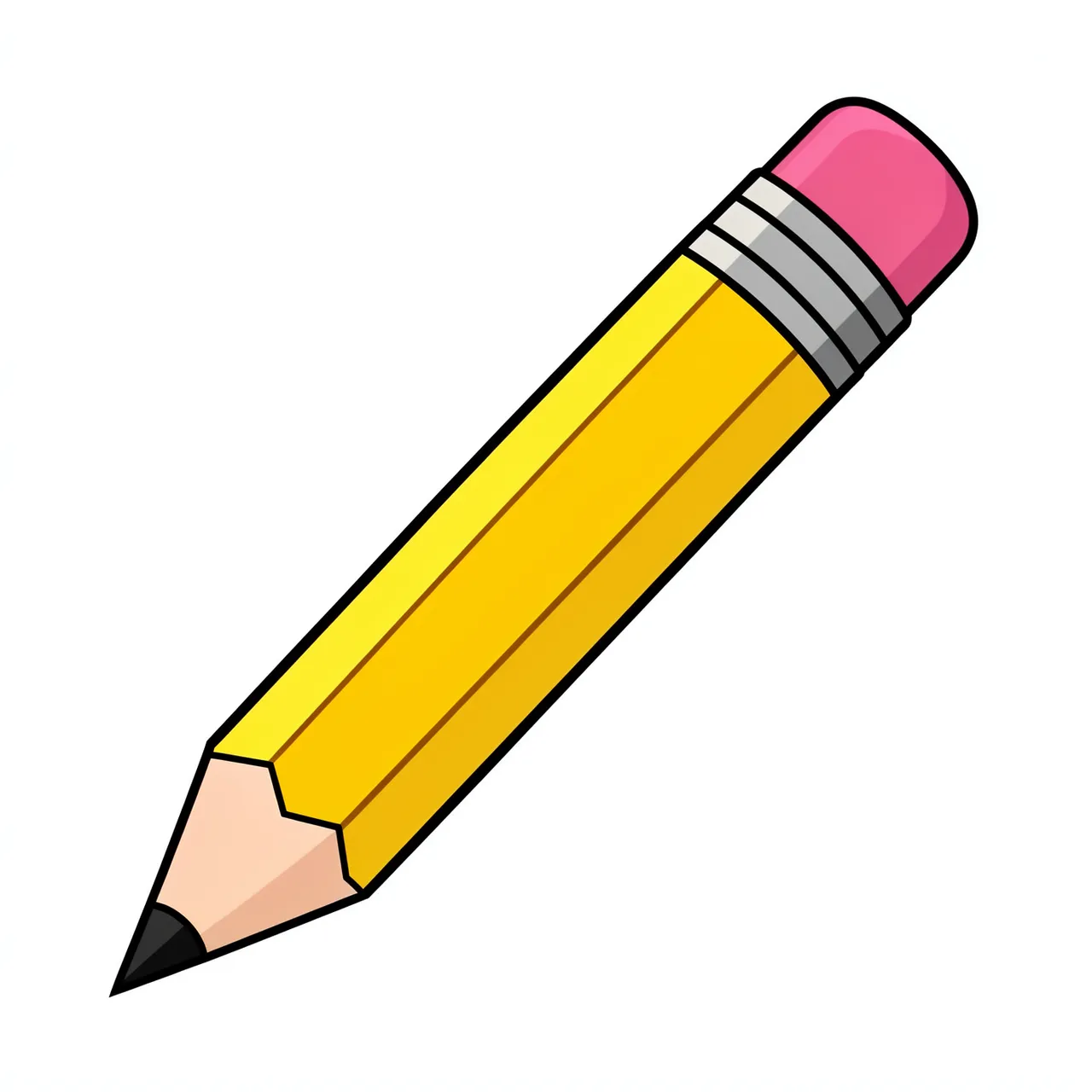 Diagonally angled flat cartoon illustration of a yellow pencil with pink eraser isolated on white