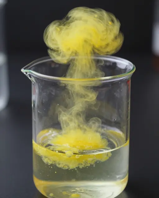 A glass beaker holds clear liquid with swirling bright yellow precipitate forming against a dark background