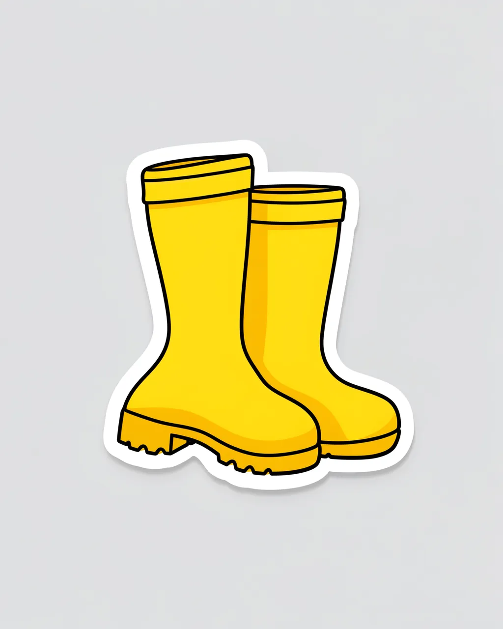 Die cut sticker illustration of a pair of bright yellow rain boots on a plain light gray background