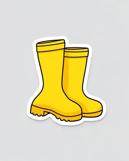 Die cut sticker illustration of a pair of bright yellow rain boots on a plain light gray background