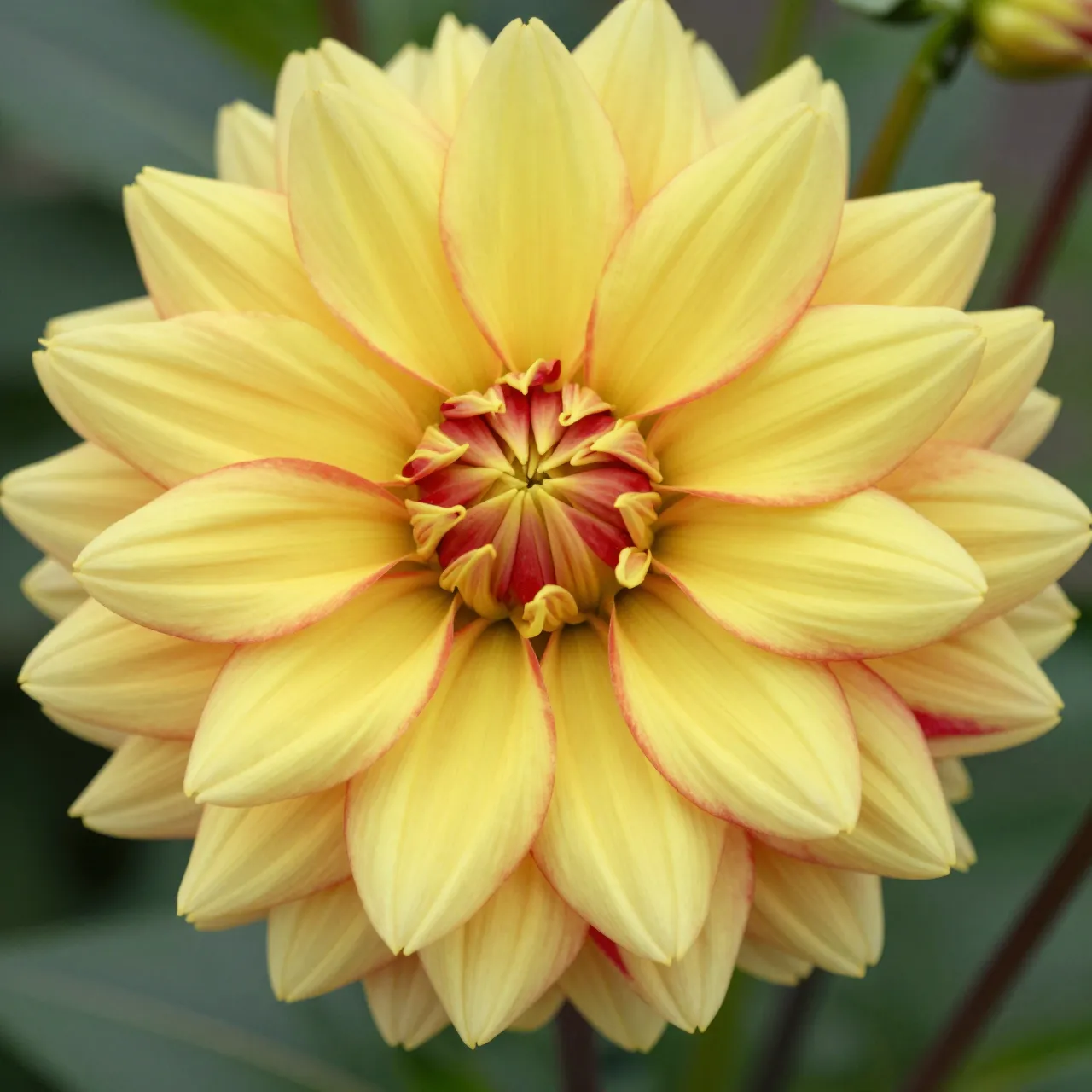 Close-up of a pointed-petal yellow and red bicolor dahlia in bright garden light with blurred green foliage in the