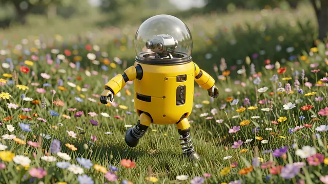 A yellow robot with a glass dome head and spring legs stands in a colorful wildflower meadow