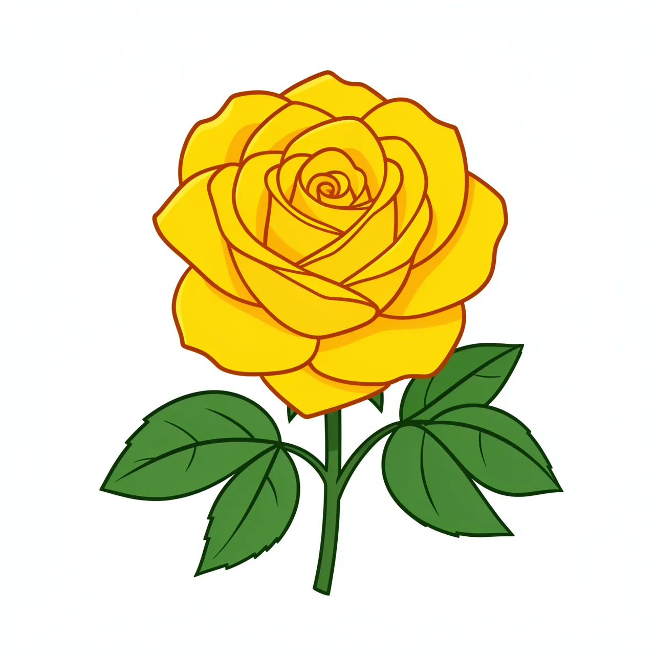 Flat illustrated full bloom yellow rose with green leaves isolated on a plain white background