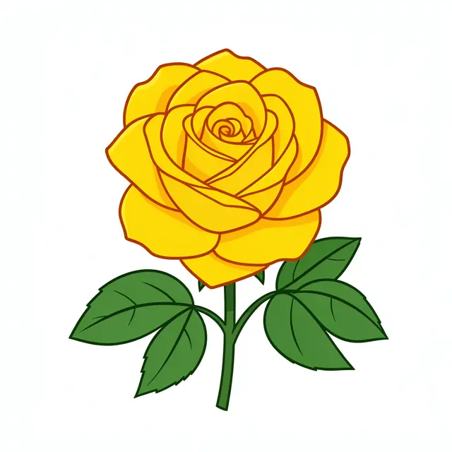 Flat illustrated full bloom yellow rose with green leaves isolated on a plain white background