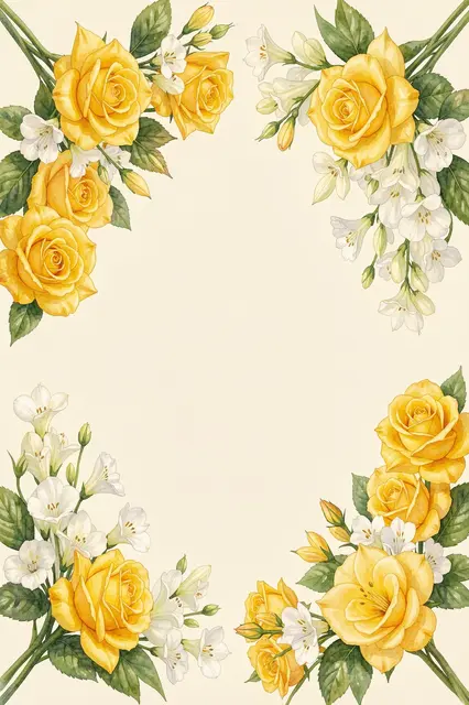 Watercolor floral frame of yellow roses and white freesia arranged at all four corners on warm ivory with empty central copy