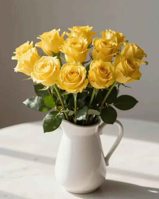 A bouquet of bright yellow roses sits in a white ceramic pitcher on a sunlit table