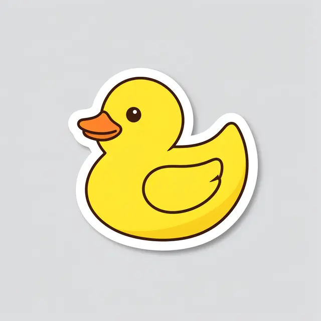 A flat cute illustration die-cut sticker of a yellow rubber duck with a thick white border on a light gray background
