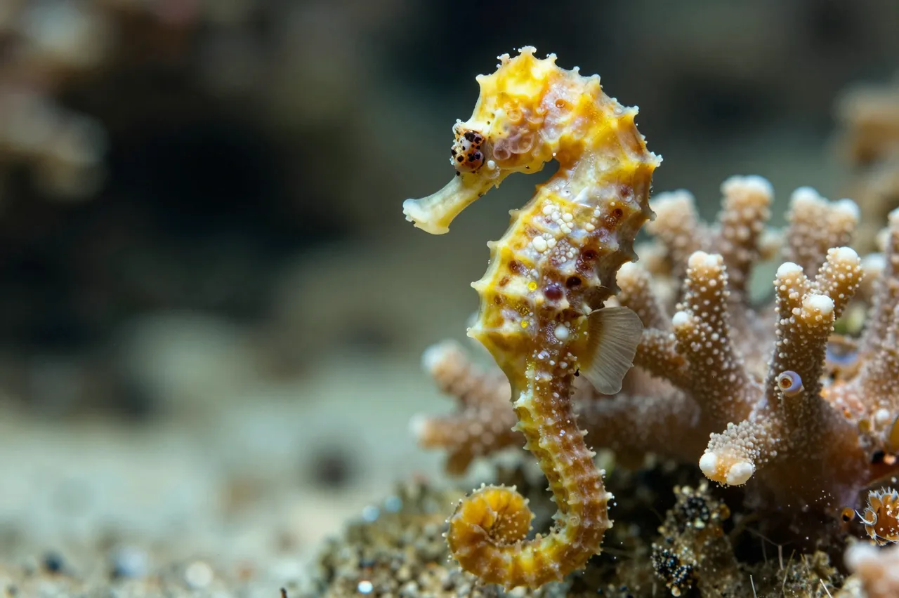 A small yellow patterned seahorse rests next to stony coral on a blurred underwater seabed.